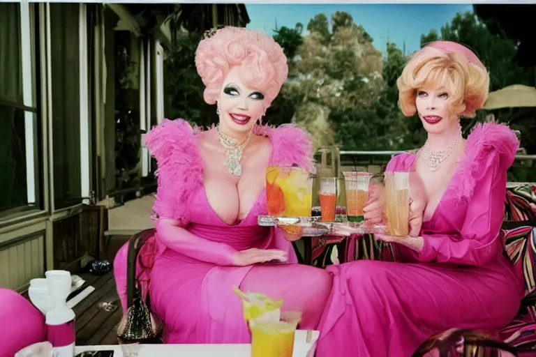 Image similar to Angelyne and martina bigg share drinks on the veranda, photographed by annie liebovitz