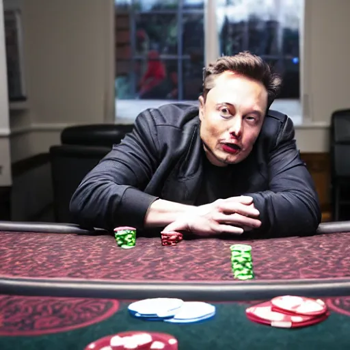 Prompt: elon musk playing poker, low angle shot, dramatic, photograph