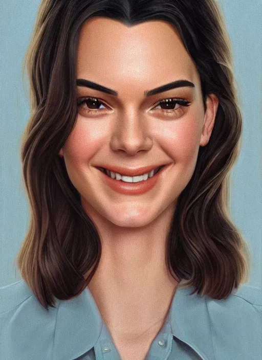 Image similar to twin peaks movie poster art, portrait of a smiling kendall jenner, from scene from twin peaks, clean, simple illustration, nostalgic, domestic, highly detailed, digital painting, artstation, concept art, smooth, sharp focus, illustration, artgerm, donato giancola, joseph christian leyendecker, wlop