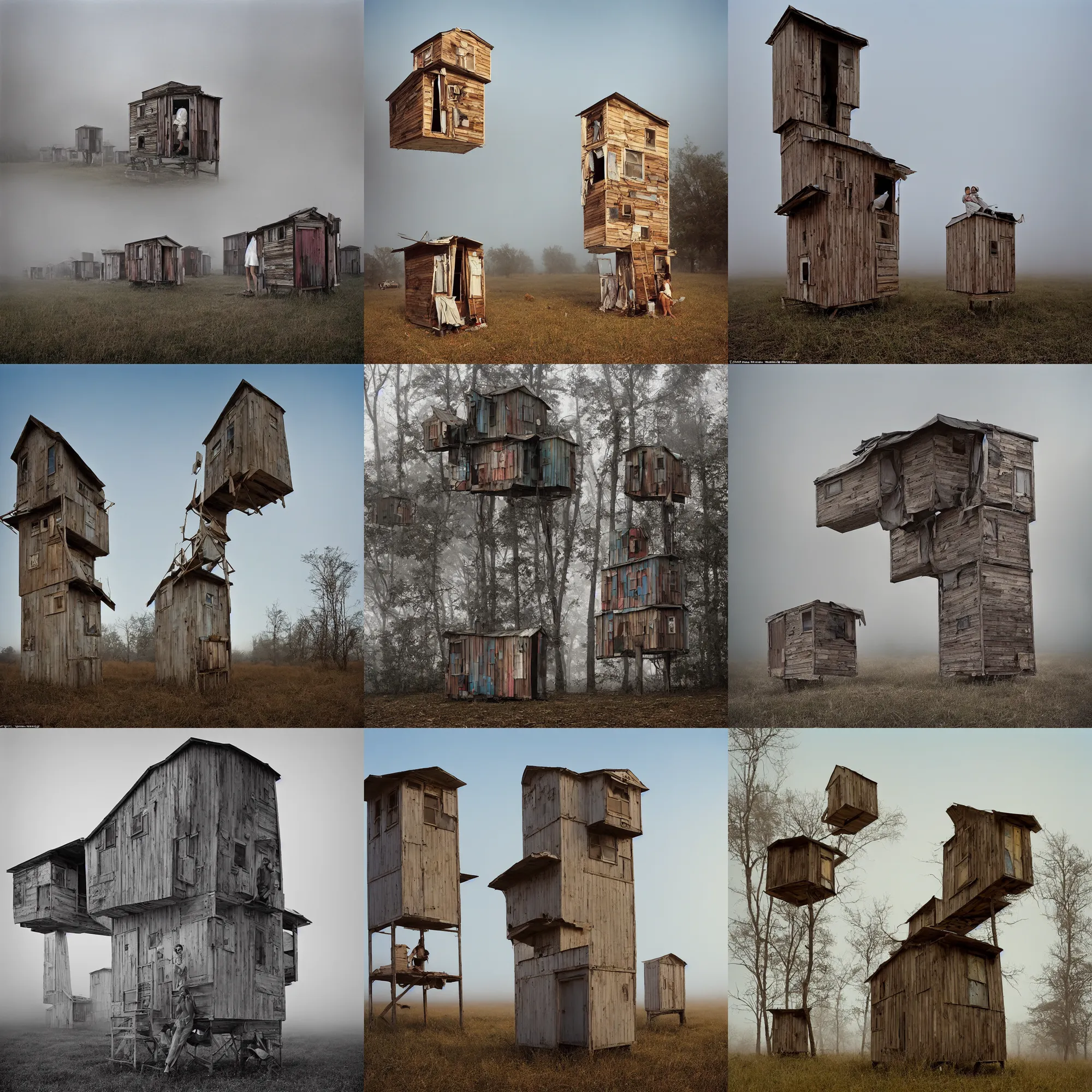 Prompt: high towers, made up of makeshift squatter shacks with faded colours, plain uniform sky at the back, uneven fog, mamiya, fully frontal view, ultra sharp, very detailed, photographed by julie blackmon