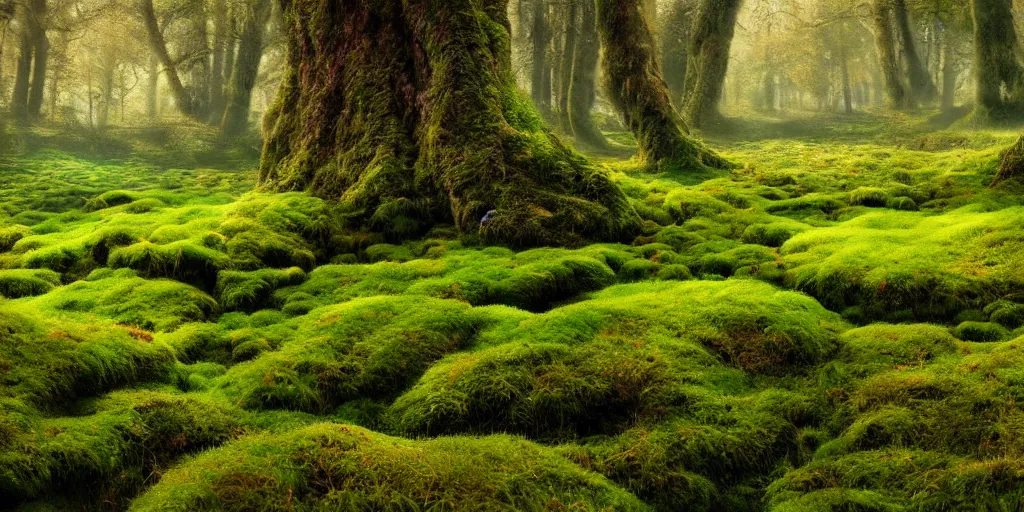 Image similar to gorgeous fields of moss landscape with glistening water, magical forest, brightly colored, magical, fantasy, landscape, beautiful, intricate details, highly detailed, sharp focus, concept art, digital painting, trending on artstation, still, screenshot, photo, photograph