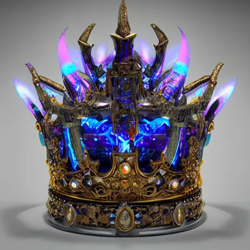 Prompt: Crown of the gods, hyper detailed, futuristic, iridescent and glowing with fire and gemstones, photographic octane render