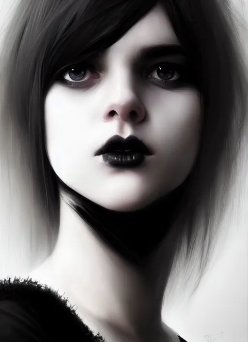 Image similar to portrait of white teenage girl, normal face, black bangs, mall goth, cyberlox, black and white hair, bangs, fluffy bangs, intricate, elegant, highly detailed, digital painting, artstation, concept art, sharp focus, smooth, illustration, art by wlop, mars ravelo and greg rutkowski