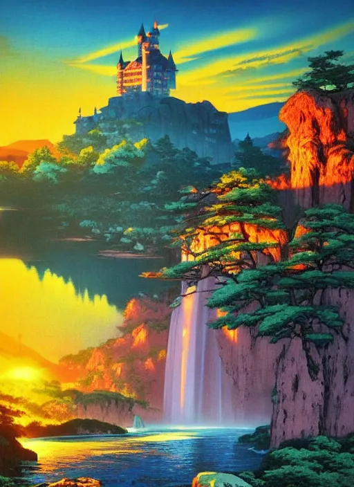 Prompt: magical castle, waterfall, river, mountain, sunset, scenery wallpaper aesthetic, beautiful, cinematic, dramatic, super detailed and intricate, hyper realistic, by koson ohara, by darwyn cooke, by hiroshi yoshida, by kentaro miura