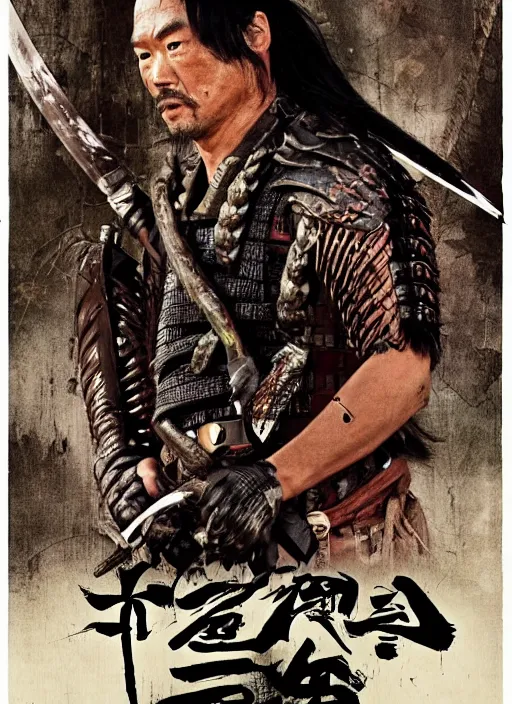 Image similar to movie poster for predator film shot in feudal japan staring hiroyuki sanada as a disgraced ronin who hunts down the predator after he fails to protect his master from it. in the style of al kallis, reynold brown, h. r. geiger.