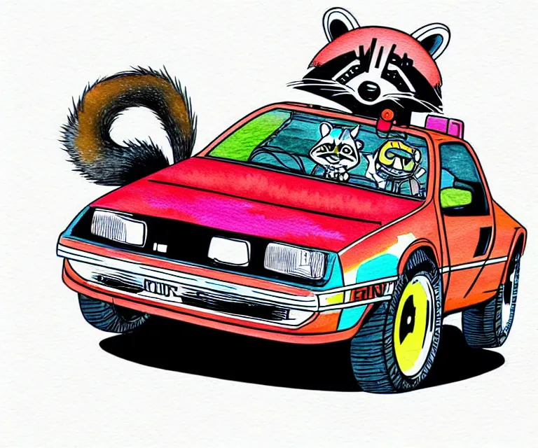 Prompt: cute and funny, racoon wearing a helmet riding in a tiny hot rod delorean with oversized engine, ratfink style by ed roth, centered award winning watercolor pen illustration, isometric illustration by chihiro iwasaki, edited by range murata