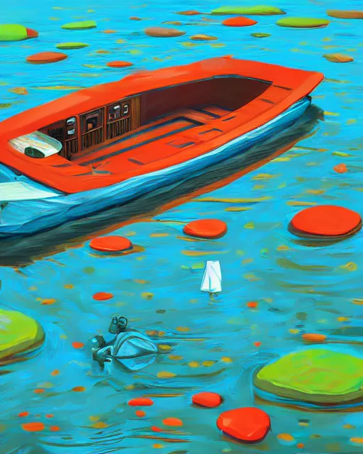 Prompt: a painting of a boat in a body of water, computer graphics by andre pijet, behance contest winner, pop surrealism, 2 d game art, digital illustration, outrun