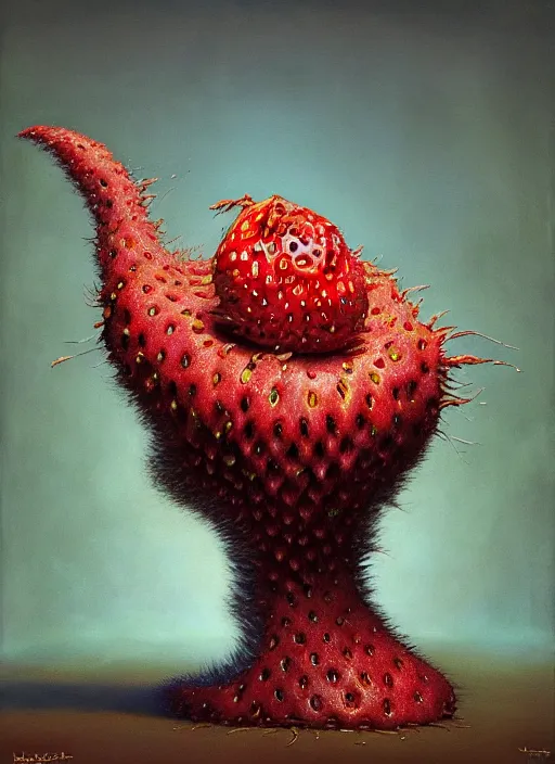 Image similar to hyper detailed 3d render like an Oil painting - Strawberry Cat chimera by Jacek Yerka, Mariusz Lewandowski, Houdini algorithmic generative render, Abstract brush strokes, Masterpiece, Edward Hopper and James Gilleard, Zdzislaw Beksinski, Mark Ryden, Wolfgang Lettl, hints of Yayoi Kasuma, octane render, 8k