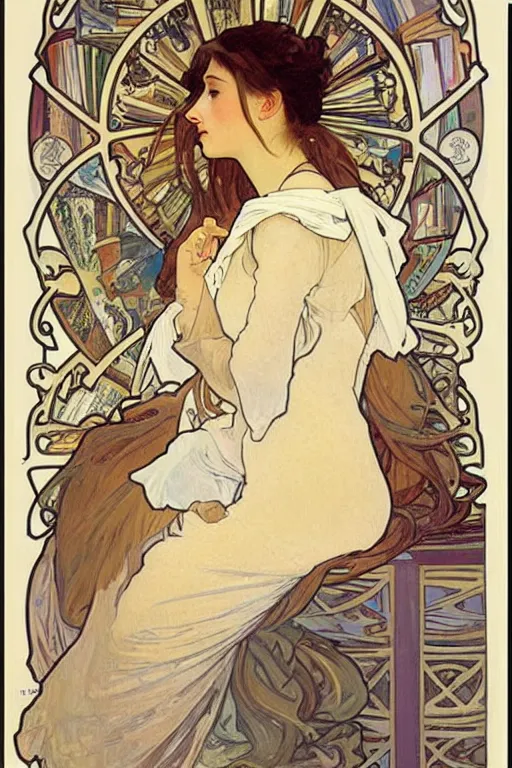 Prompt: a woman with light brown hair and glasses sits cross legged on top of a tall pile of books. beautiful painting by alphonse mucha, beautiful detailed face.