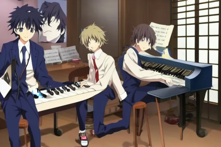 Prompt: Two handsome anime boys playing the piano, Kyoto Animation