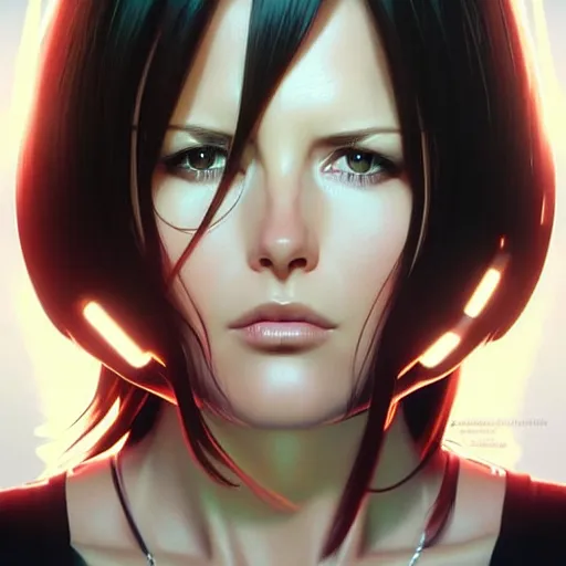 Prompt: kim beckinsale in shock, occlusion shadow, specular reflection, rim light, unreal engine, range murata, artstation, pinterest, art by hiroaki samura and ilya kuvshinov and rossdraws, intricate, highly detailed 8 k, art deco illustration, realistic, extremely beautiful shape of face, neck, shoulders eyes