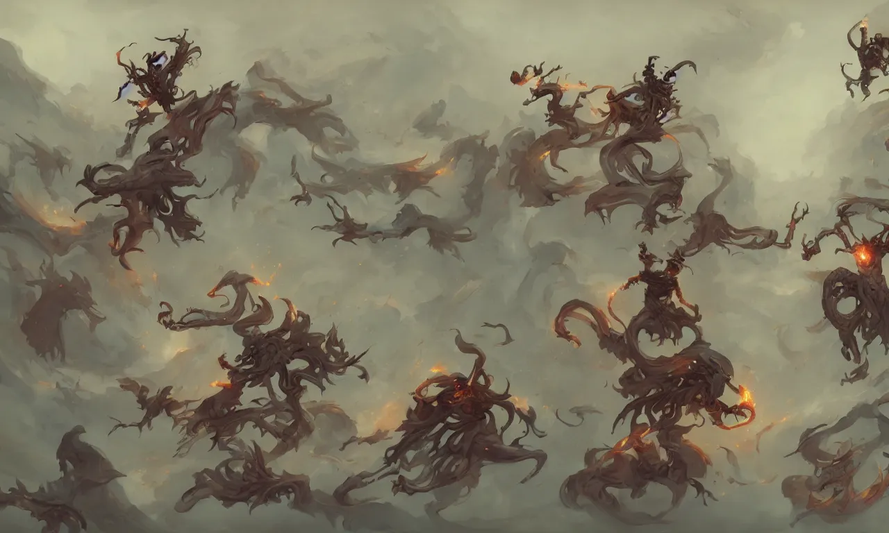Image similar to dream and nightmare gods fighting each other into a dream, detailed sketch by Peter Mohrbacher and Greg Rutkowski, trending on ArtStation