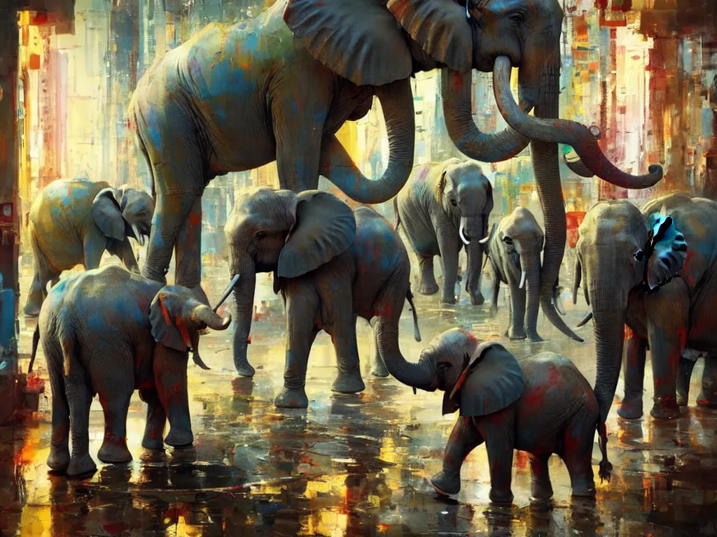 Prompt: mirror elephants meeting, surrealism, by jeremy mann, by francoise nielly, highly detailed, epic, octane render, excellent composition, by wlop, 8 k, trending on artstation, cinematic lighting, masterpiece, behance contest winner, stunning, gorgeous, much wow