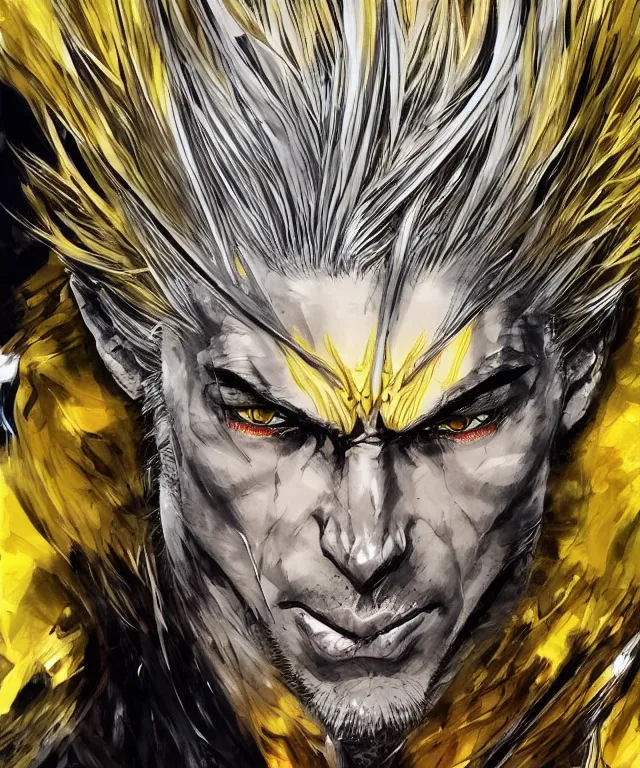 Prompt: man with sharp features, yellow eyes, and long silver hair that spikes upward in two large prongs, lean muscular build, collaborative artwork by greg ruthowski, yoshikata amano, yoji shinkawa!!, artstation, highly detailed, clear face