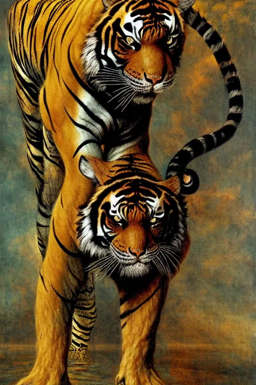 Prompt: turbulent tiger with gold and blue stripes in the style of wayne barlowe, gustav moreau, goward, bussiere, roberto ferri, santiago caruso, luis ricardo falero, austin osman spare