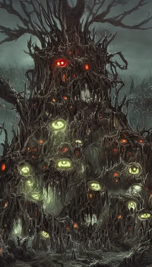 Image similar to a storm vortex made of many demonic eyes and teeth over a forest, by d & d concept artists