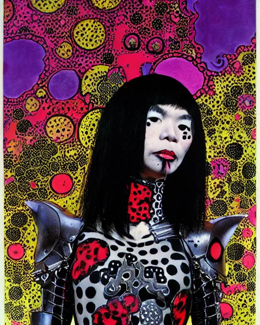 Image similar to portrait of a skinny punk goth yayoi kusama wearing armor by simon bisley, john blance, frank frazetta, fantasy, thief warrior, floral flowers colorful