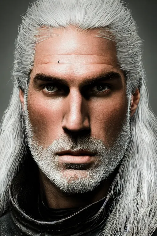 Image similar to portrait of geralt of rivia, 5 5 mm lens, professional photograph, times magazine, serious, stern look