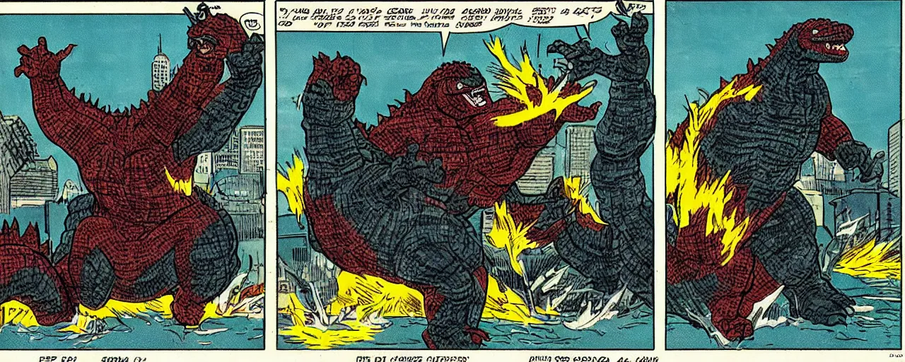 Prompt: godzilla dunking on shaq, marvel comic 1 9 6 0's style, comic strip