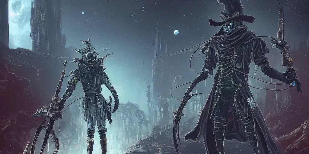 Image similar to a retrofuturism hunter from bloodborne on a space yharnam, style by retrofuturism, few details, faded color, by malcolm smith