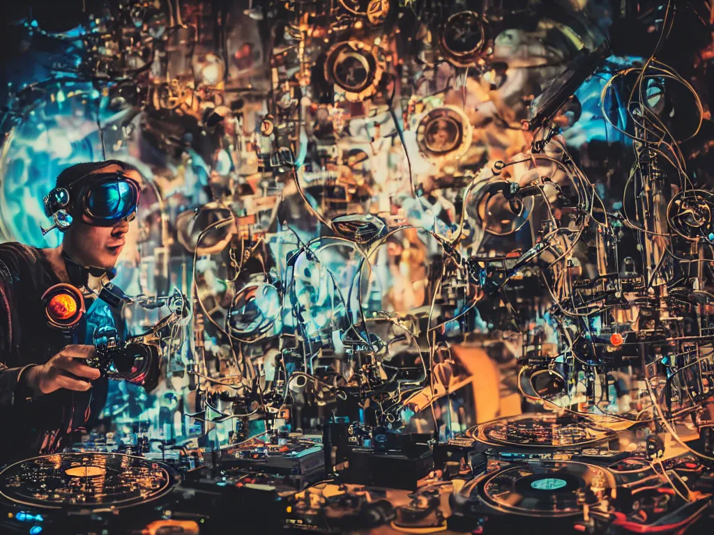 Image similar to a person wearing goggles and visor and headphones using a steampunk record player contraption, wires and tubes, turntablism dj scratching, intricate planetary gears, cinematic, imax, sharp focus, leds, bokeh, iridescent, black light, fog machine, hazy, lasers, hyper color digital art, cyberpunk