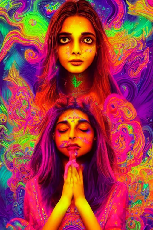 Prompt: a beautiful indian girl engulfed in colorful liquid smoke and neon clouds, a colorful psychedelic experience, dmt, lsd, face, highly detailed, artstation, concept art, matte, sharp focus, illustration, digital art by hana yata, and artem demura and beeple, lisa frank, octane render, unreal engine, 8 k