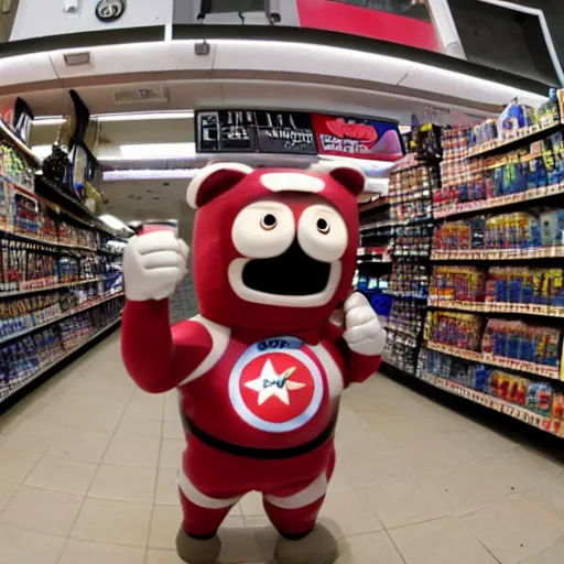 Image similar to bodycam photo of a drunk chris evans beating a small store mascot, wide angle, fisheye, uhd, 8 k, bodycam, award winning,