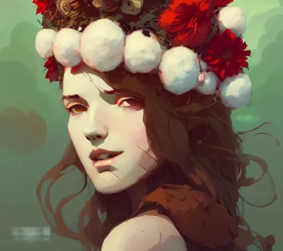 Image similar to portrait of forest godess with cotton flower crown, by atey ghailan, by greg rutkowski, by greg tocchini, by james gilleard, by joe fenton, by kaethe butcher, by ashley wood, dynamic lighting, gradient light red, brown, blonde cream and white color scheme, grunge aesthetic