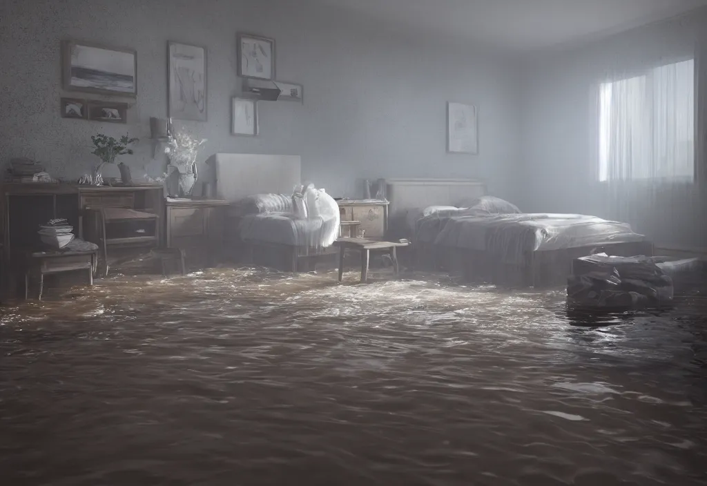 Prompt: kodak portra 4 0 0 photographic and realistic, bedroom, detailed, octane render, unreal engine, 4 k, artstation, hyper realistic, wide angle, floor flooded, how a river, objects that float, 3 5 mm, sharp focus, soft light, volumetric light fog, in the style of gregory crewdson