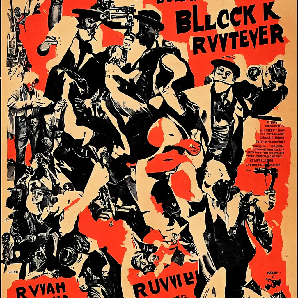 Image similar to black revolver in a hand, retro movie poster