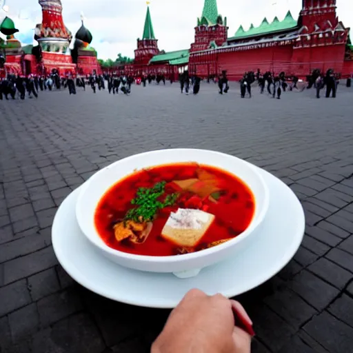 Prompt: Funny Dragon eating russian borsch soup on the Red Square,