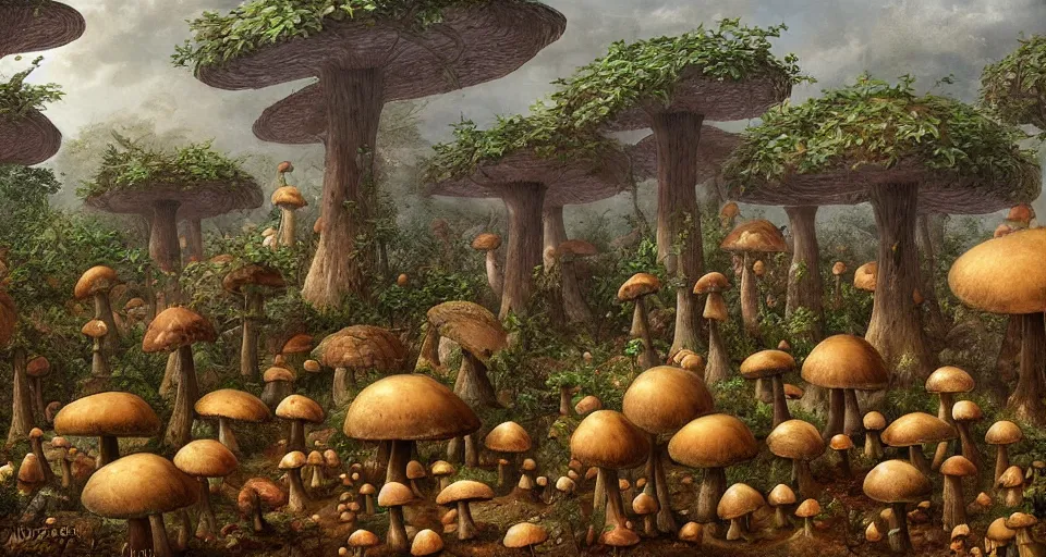 Image similar to A tribal village in a forest of giant mushrooms, by André François