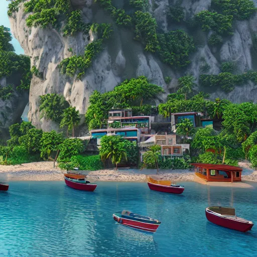 Image similar to utopian beach with small houses, women, naturist, boats, realistic, unreal engine, artstation, octane render.