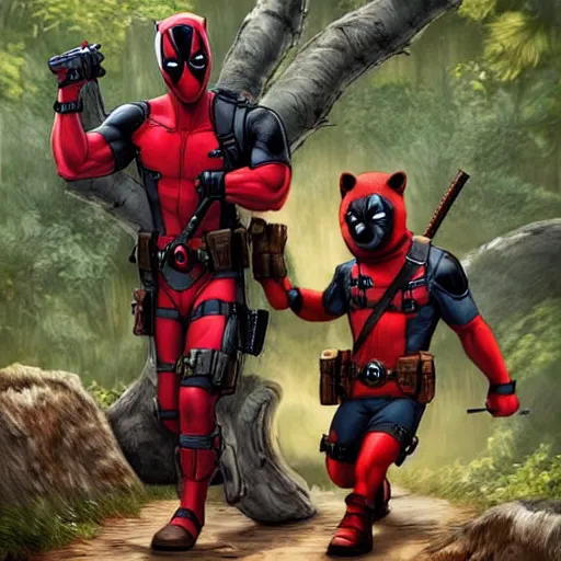 Image similar to deadpool and rocket raccoon in the woods digital art 4 k detailed