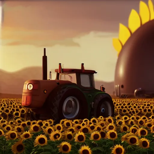 Image similar to a cute tractor in a sunflower field towing a russian tank by goro fujita, 3 d octane render, 8 k, trending on artstation, hyper detailed, cinematic