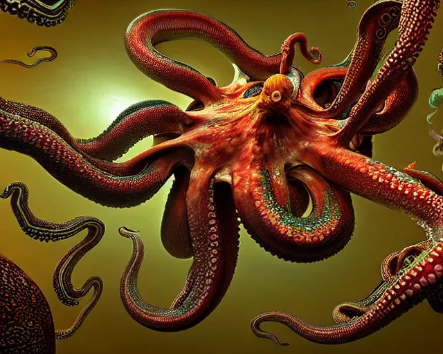 Image similar to hyperrealism photography in araki nobuyoshi dramatic scene from movie the big lebowski style computer simulation visualisation of detailed octopus riding eating human in the detailed ukrainian village in rendered in mandelbulb 4 d