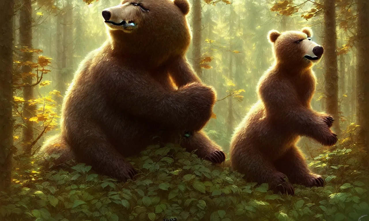 Image similar to cute cartoon bear in forest, sharp focus, illustration, highly detailed, digital painting, concept art, matte, art by wlop and artgerm and greg rutkowski and alphonse mucha, masterpiece