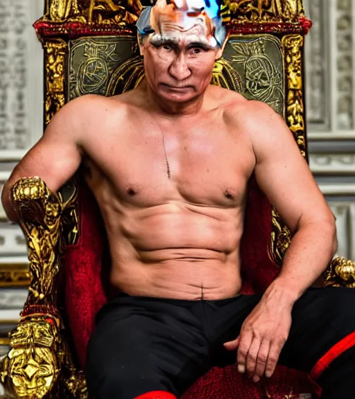 Image similar to A photo of vladimir putin the barbarian sitting on his throne, award winning photography, sigma 85mm Lens F/1.4, perfect faces