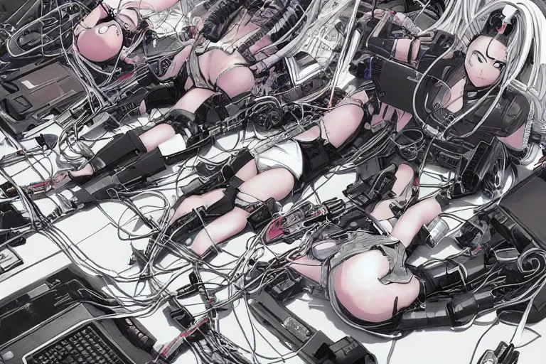 Image similar to a cyberpunk illustration of a group of coherent female androids in style of masamune shirow, lying on an empty, white floor with their bodies broken scattered rotated in different poses and cables and wires coming out, by yukito kishiro and katsuhiro otomo, hyper-detailed, intricate