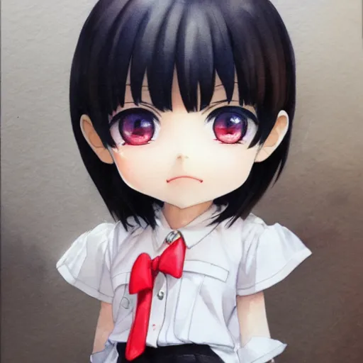 Image similar to photorealistic, portrait watercolor painting of nendoroid eyes kawaii chibi with black hair and hime cut by krenz cushart ilya kuvshinov pixiv key visual manga cover, artstation