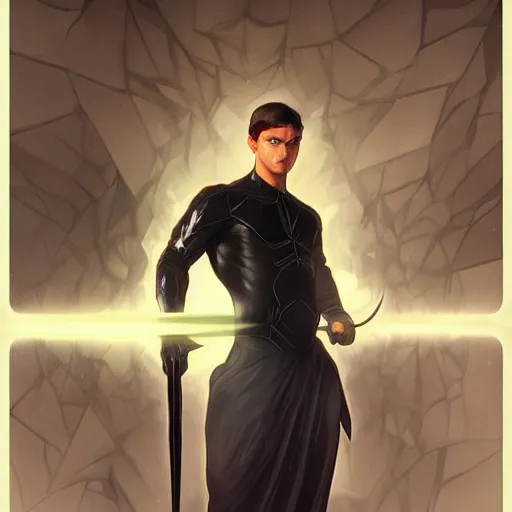 Prompt: character concept, full body, symmetrical, young man with black clothes. detailed, high quality, scnenematic, dynamic dark lightning, fantasy, scenematic. artwork by artgerm, wlop, alex ross, greg rutknowski, alphonse mucha