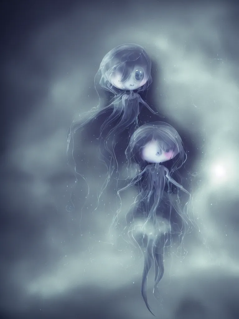 Image similar to cute fumo chibi plush beautiful ectoplasmic gothic skeletal jellyfish ghost girl, glowing milky wisps of hazy smoke and volumetric fog on a stormy reflective river, lens flare, subsurface scattering, vignette, asymmetry, bokeh, refraction, vray