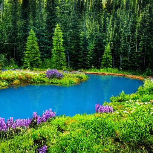 Prompt: high quality photo a crystal blue pure water pond inside a very green forest with flowers birds mushrooms fox deer and elk