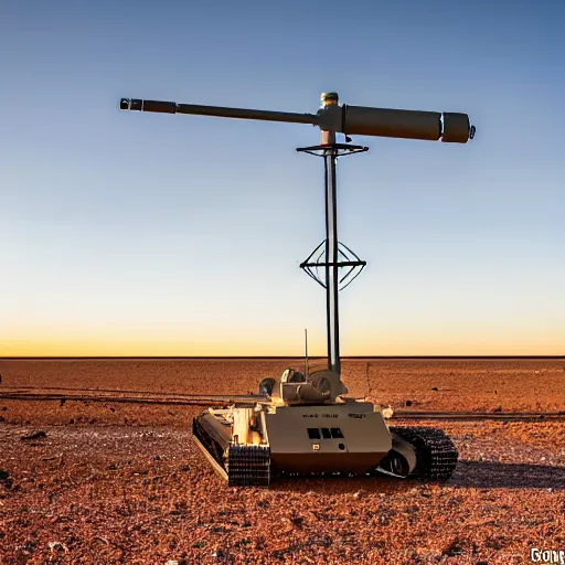 Prompt: peaceful mobile camoflaged rugged weather station sensor antenna on tank treads, for monitoring the australian desert, XF IQ4, 150MP, 50mm, F1.4, ISO 200, 1/160s, dawn