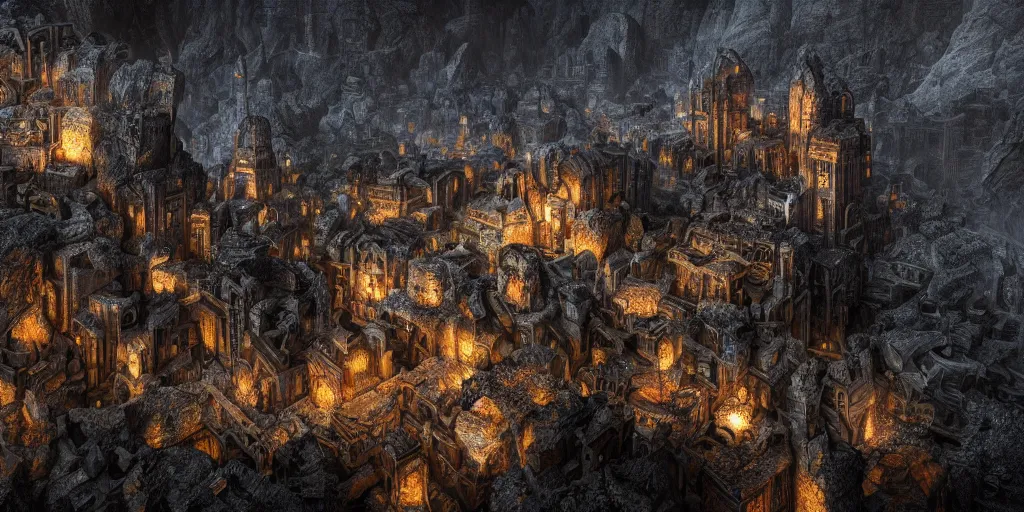 Image similar to A shining dwarven city made out of intricately carved stone in a dark cavern, rainy, dark and gloomy atmosphere, fantasy digital art, octane render, beautiful composition, trending on artstation, award-winning photograph, masterpiece