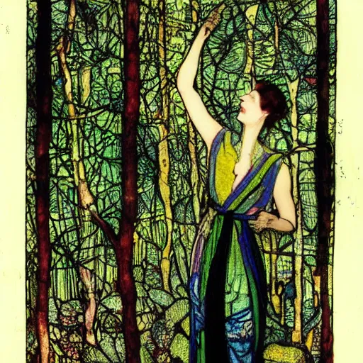 Image similar to a painting of a woman in a forest, a silk screen by harry clarke, deviantart, arts and crafts movement, pre - raphaelite, mixed media, creative commons attribution