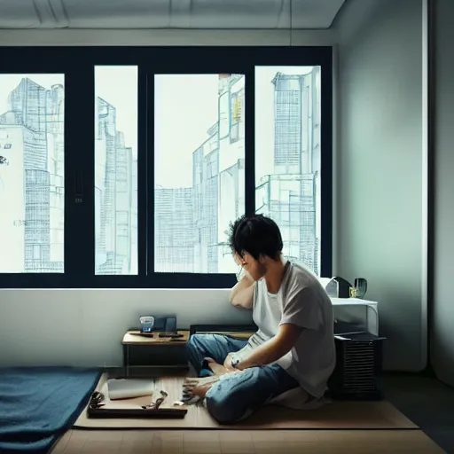 Prompt: small room in tokyo, window open, dawn, young man sitting at computer, walls covered with anime posters, lots of appliances on shelves, small bed not made, photo realism, poster art, hyper details, soft light, soft shadows, blurred photo