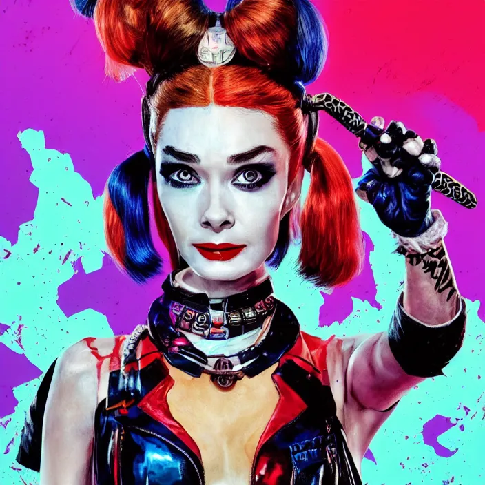 Image similar to portrait of Audrey Hepburn as a harley quinn in Suicide Squad. intricate abstract. intricate artwork. by Tooth Wu, wlop, beeple, dan mumford. octane render, trending on artstation, greg rutkowski very coherent symmetrical artwork. cinematic, hyper realism, high detail, octane render, 8k, iridescent accents