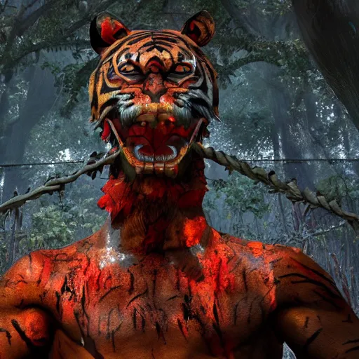 Prompt: the tiger god, blood ritual, human sacrifice, horror theme, horror lighting, beautiful render, unreal engine, concept art, 4 k, rtx, highly detailed