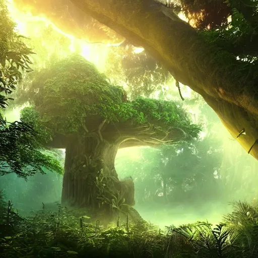 Image similar to ominous, portal to another dimension embedded in a beautiful tree in a densely overgrown jungle, fantasy, dreamlike sunrise volumetric lighting, ultra realistic, atmospheric, stopped in time, epic